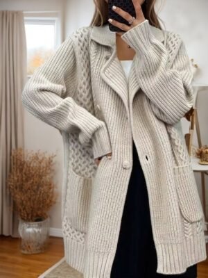 Vintage Loose Pure Colour Shirt Collar Long Sleeve Cardigan - Image 5