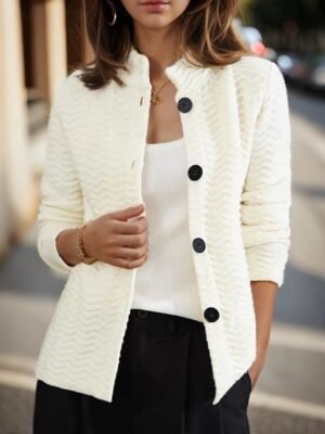 Vintage Loose Pure Colour Stand Collar Long Sleeve Cardigan - Image 4