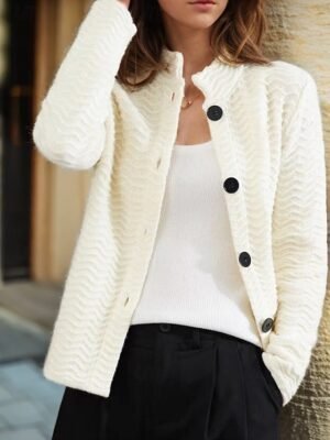 Vintage Loose Pure Colour Stand Collar Long Sleeve Cardigan - Image 5
