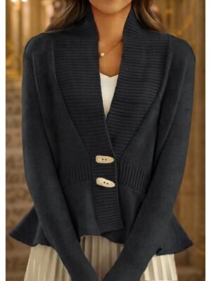 Vintage Loose Pure Colour V Neck Long Sleeve Cardigan - Image 4