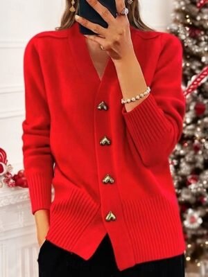 Vintage Loose Solid Colour Button Long Sleeve Summer Sweater Coat - Image 1