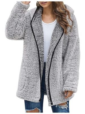 Vintage Loose Solid Zip Up Long Sleeve Fleece Hoodie - Image 2