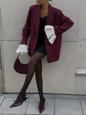 Vintage Loose Stripe Notch Lapel Long Sleeve Blazer - Image 4