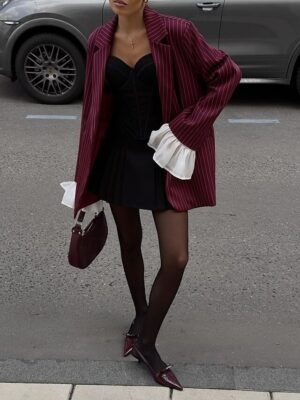 Vintage Loose Stripe Notch Lapel Long Sleeve Blazer - Image 6