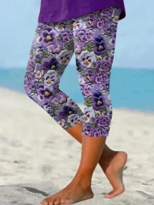 Vintage Mid Waist Floral Capri Leggings - Image 13