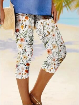 Vintage Mid Waist Floral Capri Leggings - Image 8