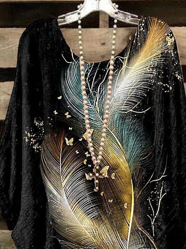 Vintage Oversized Feather Print Crew Neck 3/4 Sleeve Blouse - Image 2