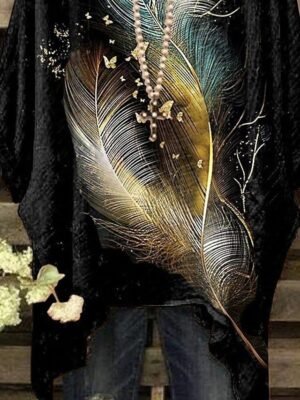 Vintage Oversized Feather Print Crew Neck 3/4 Sleeve Blouse - Image 3