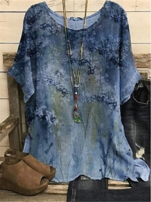 Vintage Plus Size Floral Crew Neck Dolman Short Sleeve Regular Blouse - Image 1