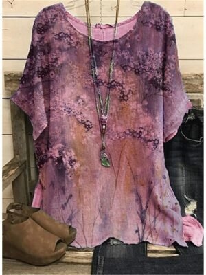 Vintage Plus Size Floral Crew Neck Dolman Short Sleeve Regular Blouse - Image 2