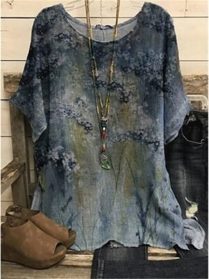 Vintage Plus Size Floral Crew Neck Dolman Short Sleeve Regular Blouse - Image 3