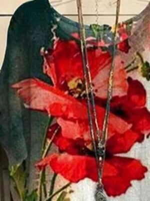 Vintage Plus Size Floral Crew Neck Dolman Sleeve Regular Blouse - Image 3