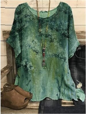 Vintage Plus Size Floral Crew Neck Dolman Short Sleeve Regular Blouse - Image 4