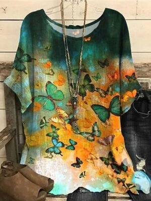 Vintage Plus Size Floral Crew Neck Dolman Sleeve Regular Blouse - Image 4