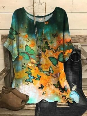 Vintage Plus Size Floral Crew Neck Dolman Sleeve Regular Blouse - Image 6