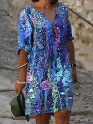 Vintage Plus Size Floral V Neck Half Sleeve Knee Length Dress - Image 1