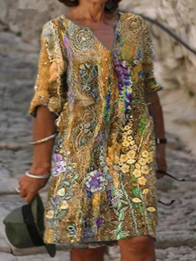 Vintage Plus Size Floral V Neck Half Sleeve Knee Length Dress - Image 2