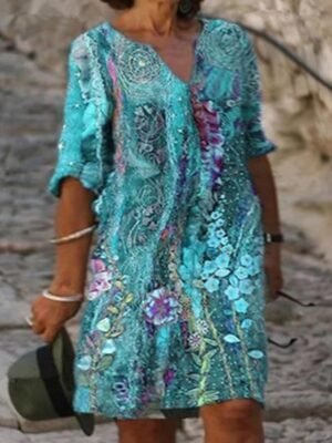 Vintage Plus Size Floral V Neck Half Sleeve Knee Length Dress - Image 3