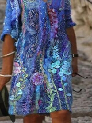 Vintage Plus Size Floral V Neck Half Sleeve Knee Length Dress - Image 5