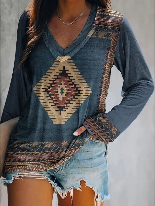 Vintage Plus Size Geometric V Neck Long Sleeve Tunic - Image 1