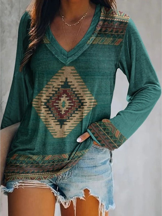 Vintage Plus Size Geometric V Neck Long Sleeve Tunic - Image 2