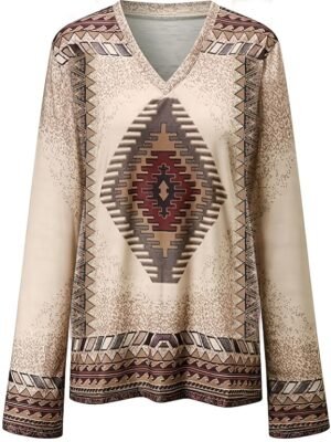 Vintage Plus Size Geometric V Neck Long Sleeve Tunic - Image 6