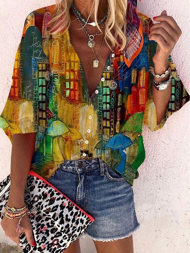 Vintage Plus Size Graphic Standing Collar Long Sleeve Long Blouse - Image 1