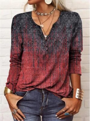 Vintage Plus Size Paisley V Neck Long Sleeve Regular Blouse - Image 1