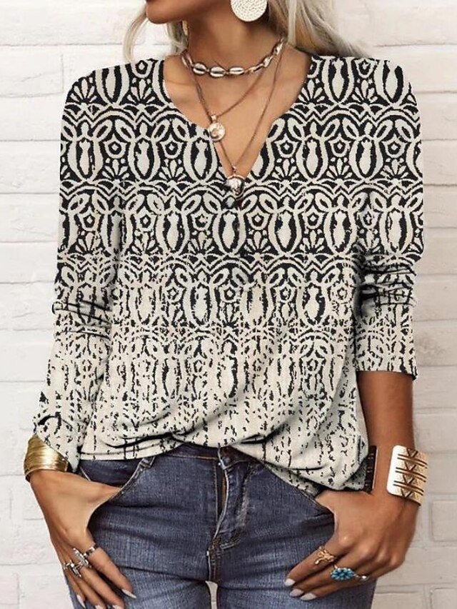 Vintage Plus Size Paisley V Neck Long Sleeve Regular Blouse - Image 2