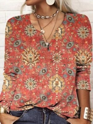 Vintage Plus Size Paisley V Neck Long Sleeve Regular Blouse - Image 3