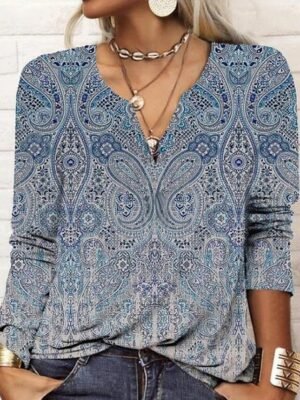 Vintage Plus Size Paisley V Neck Long Sleeve Regular Blouse - Image 4