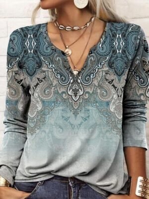 Vintage Plus Size Paisley V Neck Long Sleeve Regular Blouse - Image 5