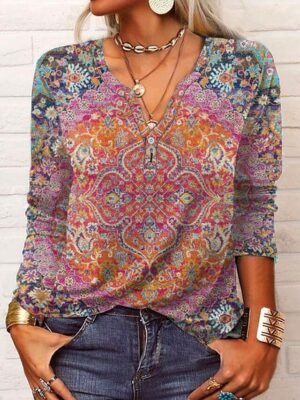 Vintage Plus Size Paisley V Neck Long Sleeve Regular Blouse - Image 7