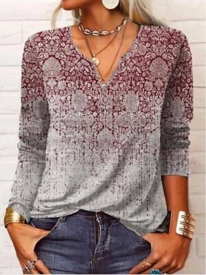 Vintage Plus Size Paisley V Neck Long Sleeve Regular Blouse - Image 8