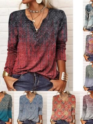 Vintage Plus Size Paisley V Neck Long Sleeve Regular Blouse - Image 9