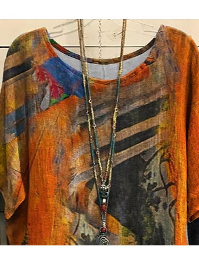 Vintage Plus Size Print Crew Neck Dolman Short Sleeve Blouse - Image 2