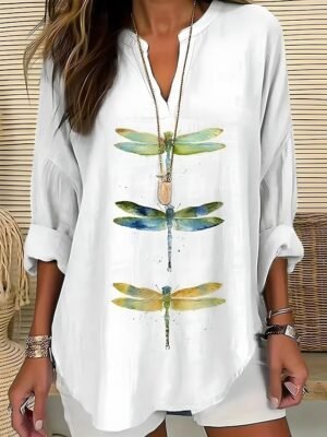 Vintage Regular Animal Graphic V Neck Long Sleeve Tunic Tops - Image 1