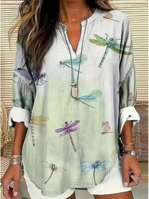 Vintage Regular Animal Graphic V Neck Long Sleeve Tunic Tops - Image 14