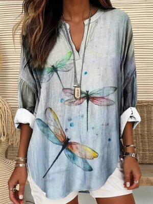 Vintage Regular Animal Graphic V Neck Long Sleeve Tunic Tops - Image 2