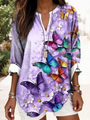 Vintage Regular Animal Graphic V Neck Long Sleeve Tunic Tops - Image 21