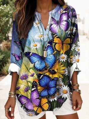 Vintage Regular Animal Graphic V Neck Long Sleeve Tunic Tops - Image 22