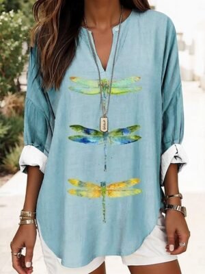 Vintage Regular Animal Graphic V Neck Long Sleeve Tunic Tops - Image 4