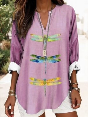 Vintage Regular Animal Graphic V Neck Long Sleeve Tunic Tops - Image 5