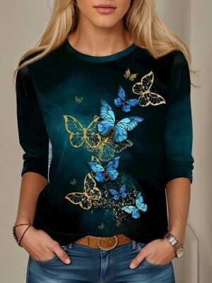 Vintage Regular Butterfly Graphic Round Neck Short Sleeve Tee - Image 24
