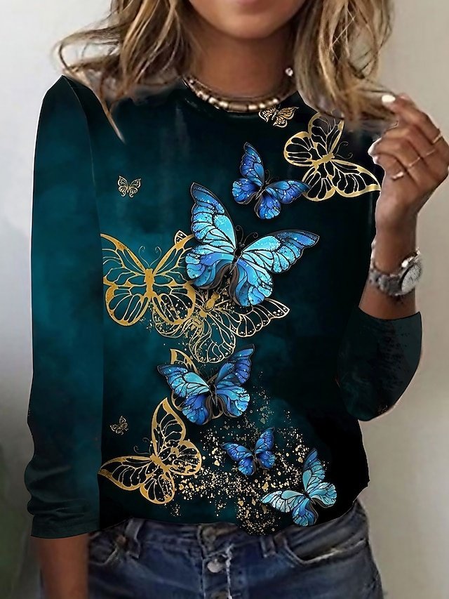 Vintage Regular Butterfly Print Round Neck Long Sleeve Top - Image 1