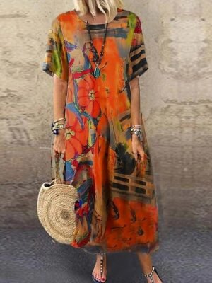 Vintage Regular Fit Abstract Ombre Crew Neck Short Sleeve Maxi Dress - Image 5