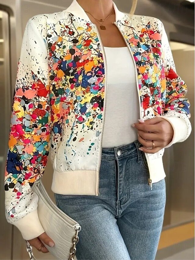 Vintage Regular Fit Abstract Stand Collar Long Sleeve Jacket - Image 1