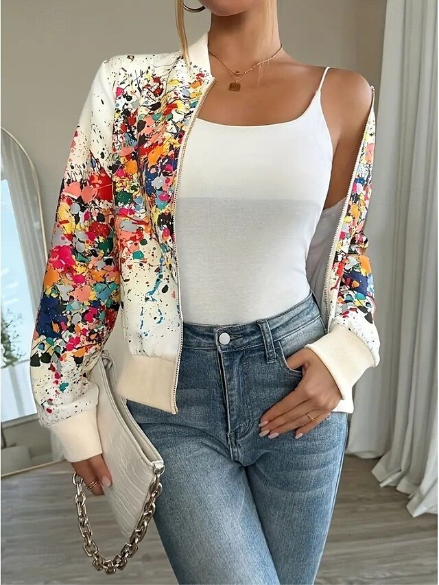 Vintage Regular Fit Abstract Stand Collar Long Sleeve Jacket - Image 2