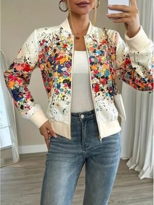 Vintage Regular Fit Abstract Stand Collar Long Sleeve Jacket - Image 6