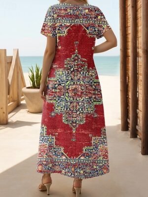 Vintage Regular Fit Bohemian Crew Neck Short Sleeve Maxi Dress - Image 2